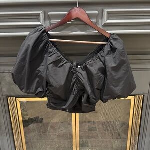 H&M Black Rouched Elegant Black Puff Sleeve Top Sz S